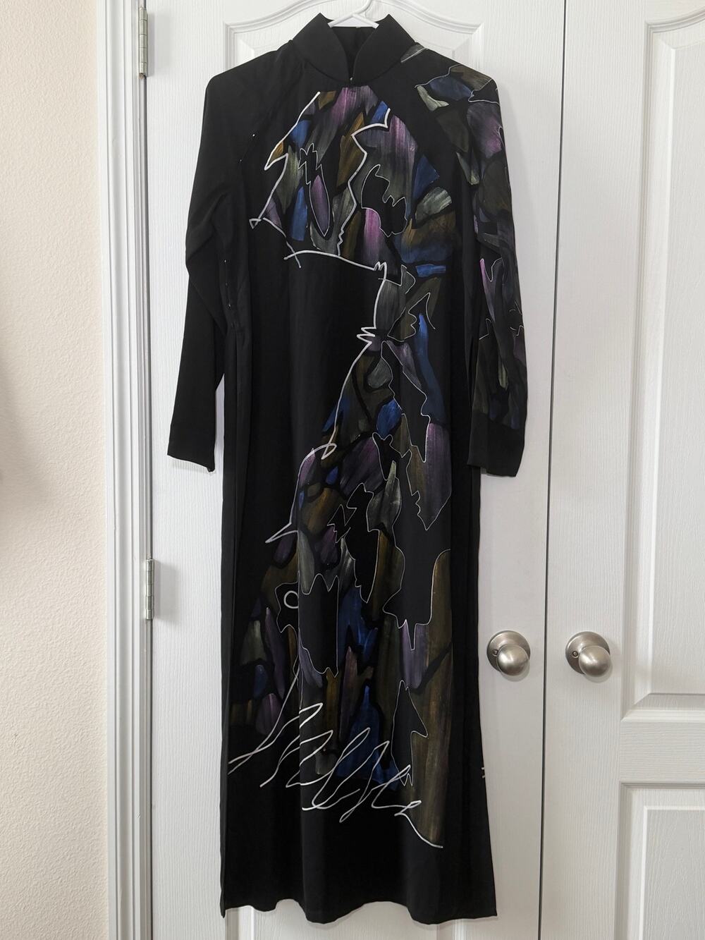 Signed Hand Painted Vietnamese Ao Dai Dress Purple Abstract Tunic Traditional-S⁠